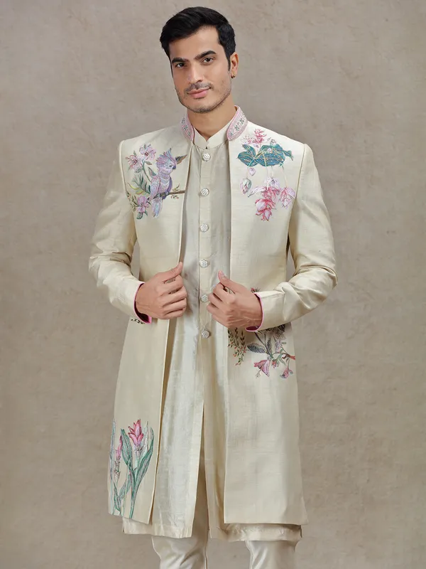 Opulent beige indowestern for a majestic look