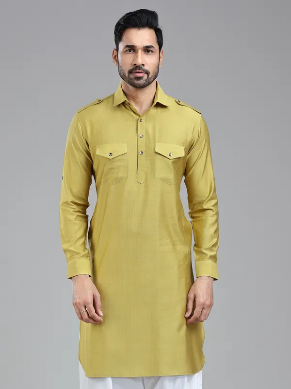 Opulent style golden pathani kurta for men