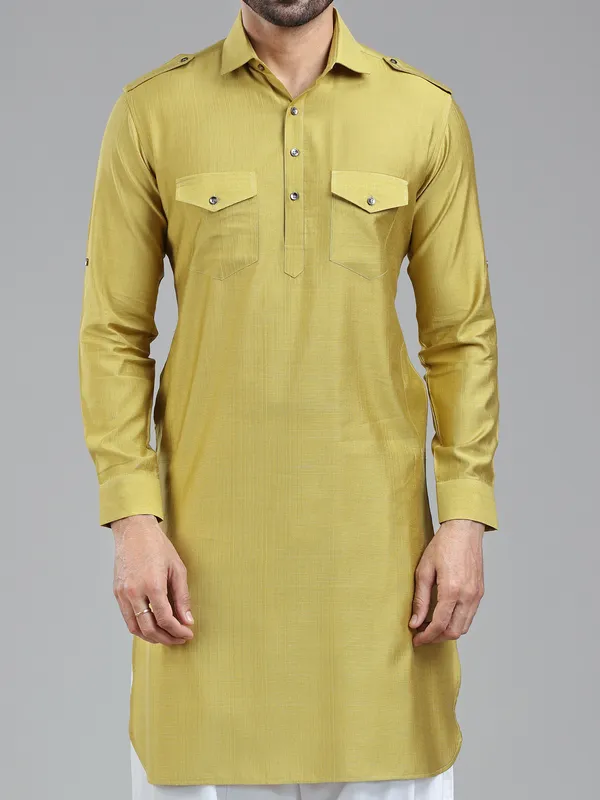 Opulent style golden pathani kurta for men