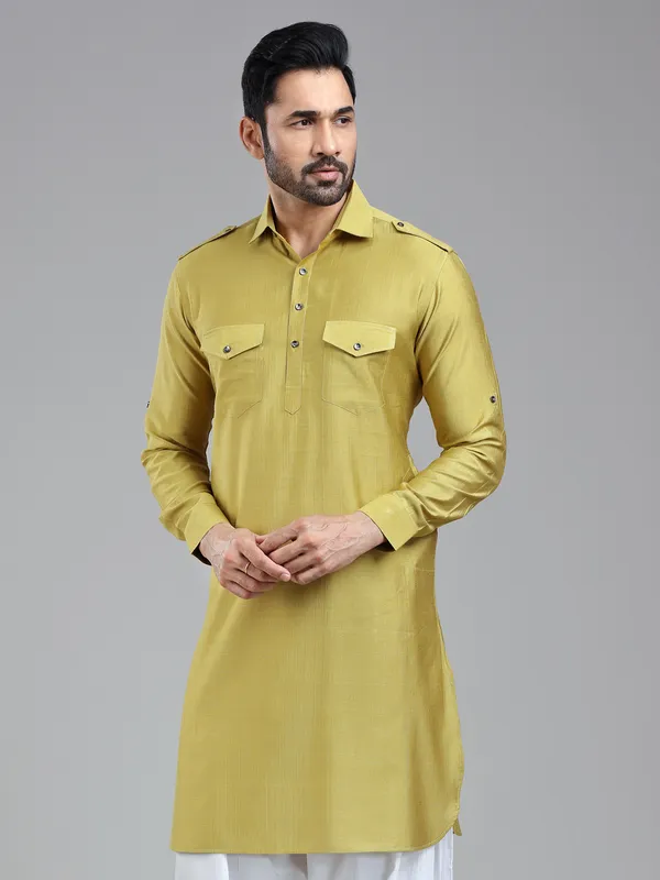 Opulent style golden pathani kurta for men