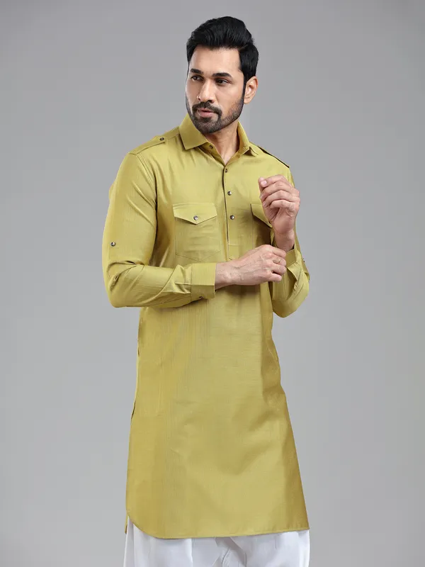 Opulent style golden pathani kurta for men