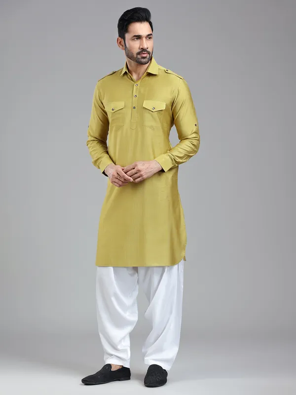 Opulent style golden pathani kurta suit