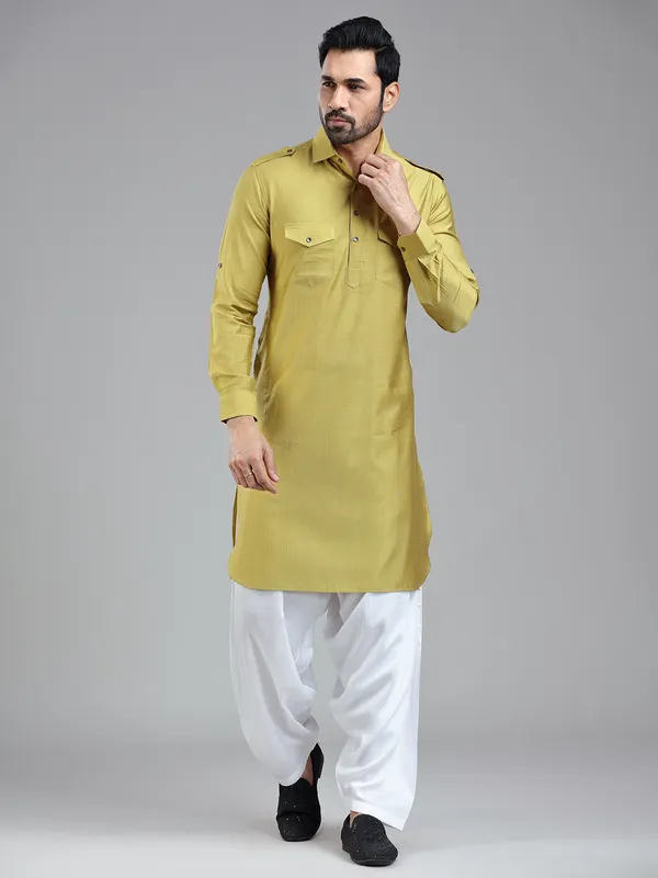 Opulent style golden pathani kurta suit