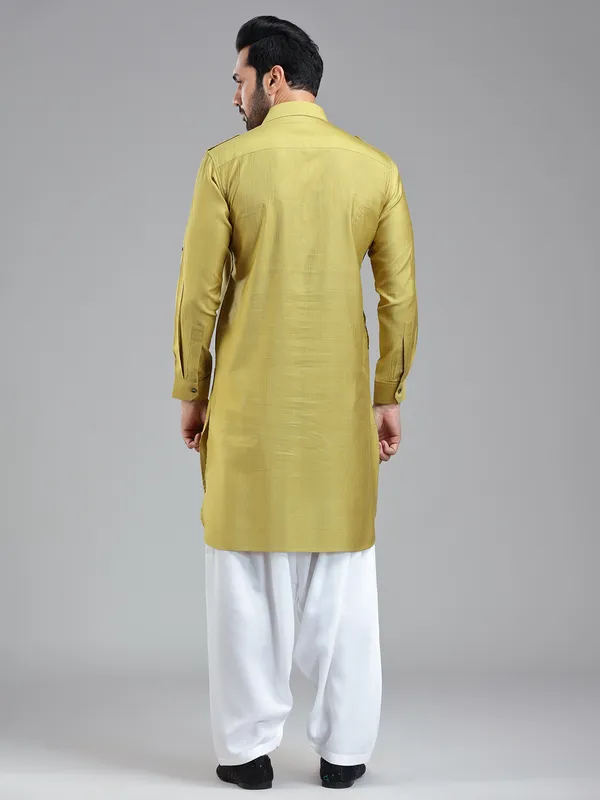 Opulent style golden pathani kurta suit