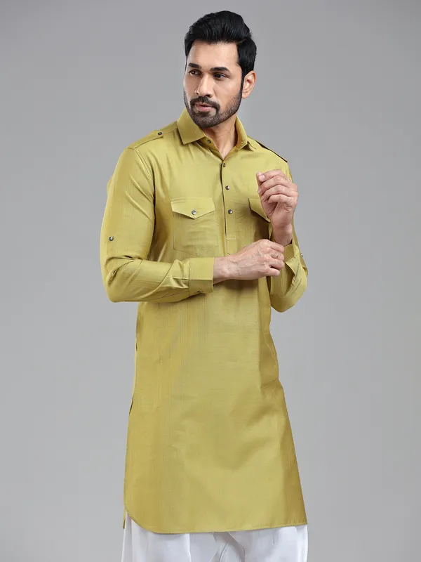 Opulent style golden pathani kurta suit