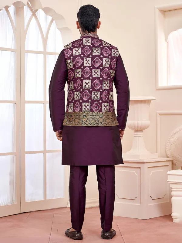 Opulent wine waistcoat set with detailed stitching