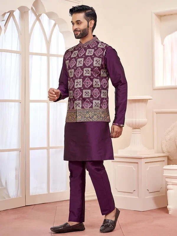 Opulent wine waistcoat set with detailed stitching