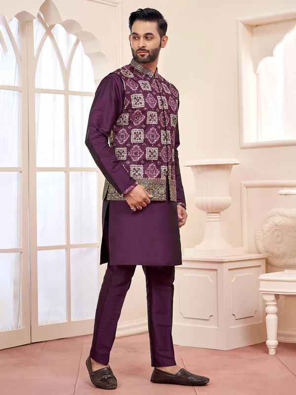 Opulent wine waistcoat set with detailed stitching