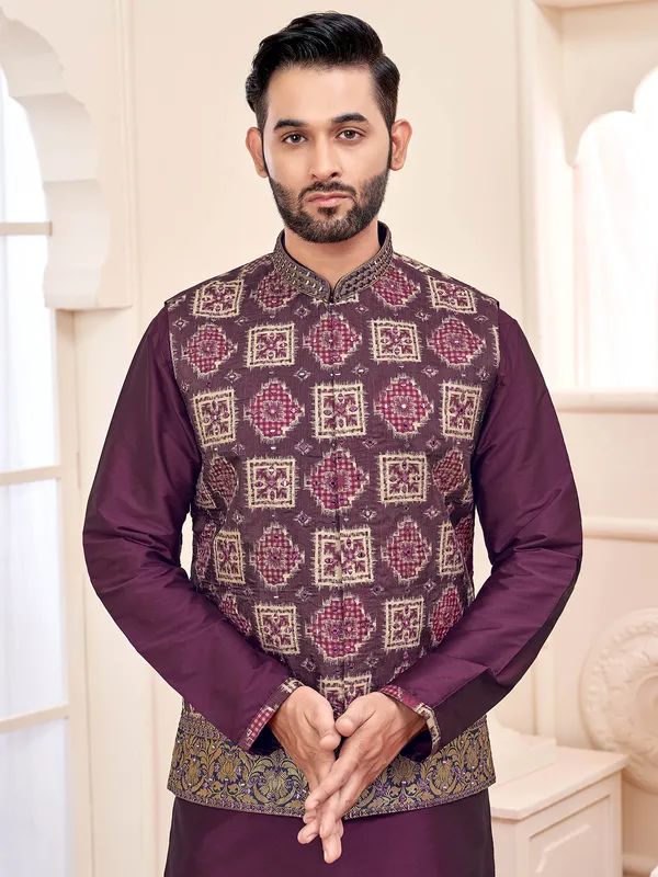 Opulent wine waistcoat set with detailed stitching