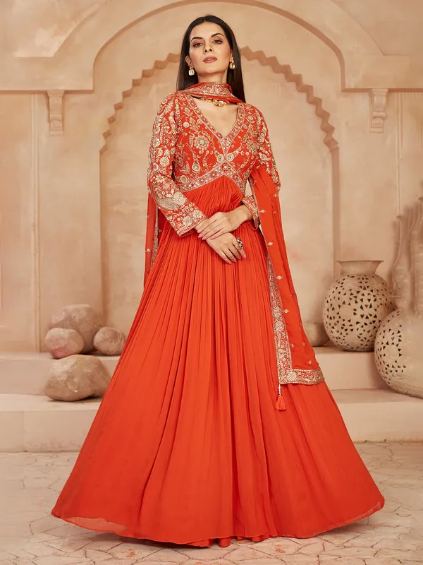 Orange anarkali suit with mirror and cutdana work