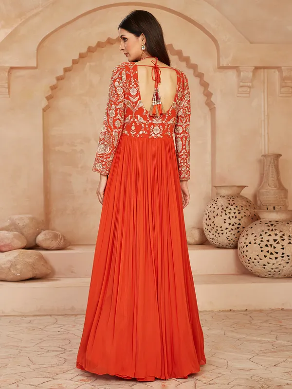 Orange anarkali suit with mirror and cutdana work