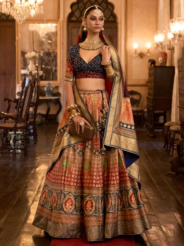 Orange and navy silk lehenga choli