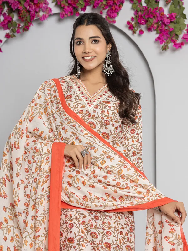 Orange and off-white cotton printed kurti set