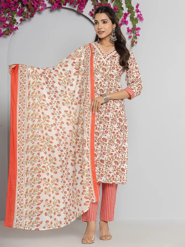 Orange and off-white cotton printed kurti set