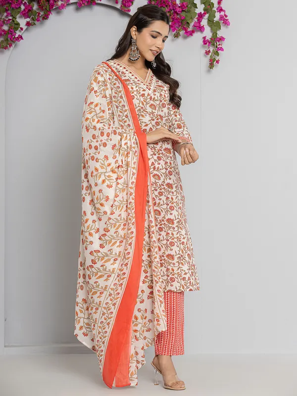 Orange and off-white cotton printed kurti set