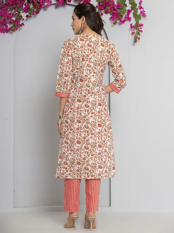 Orange and off-white cotton printed kurti set