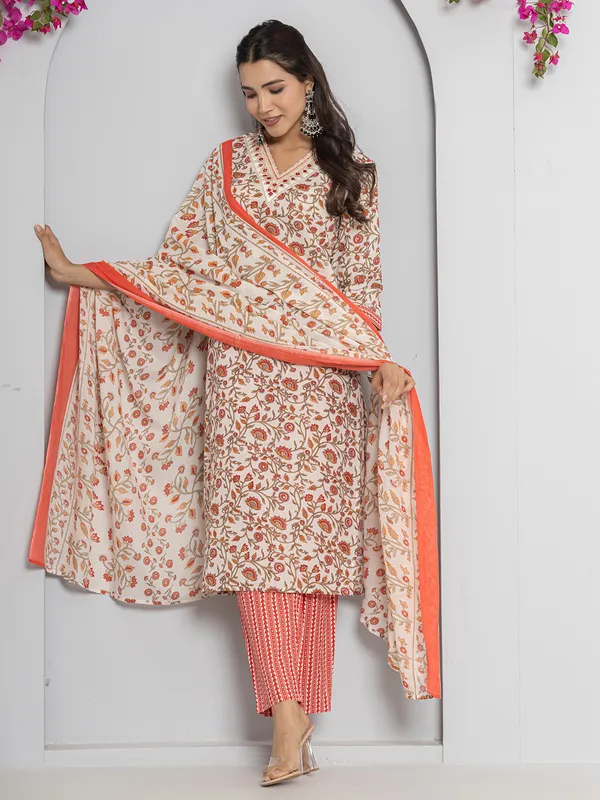 Orange and off-white cotton printed kurti set