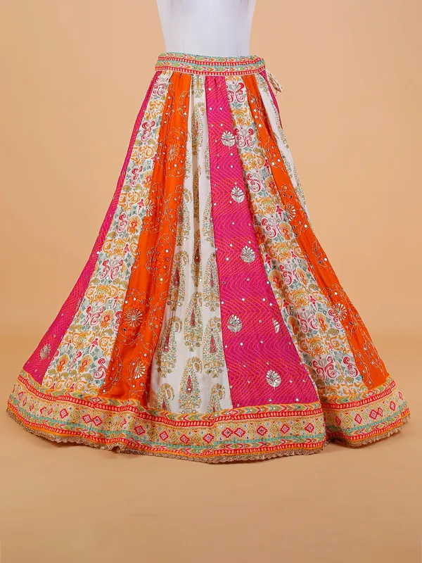 Orange and pink printed unstitched lehenga choli