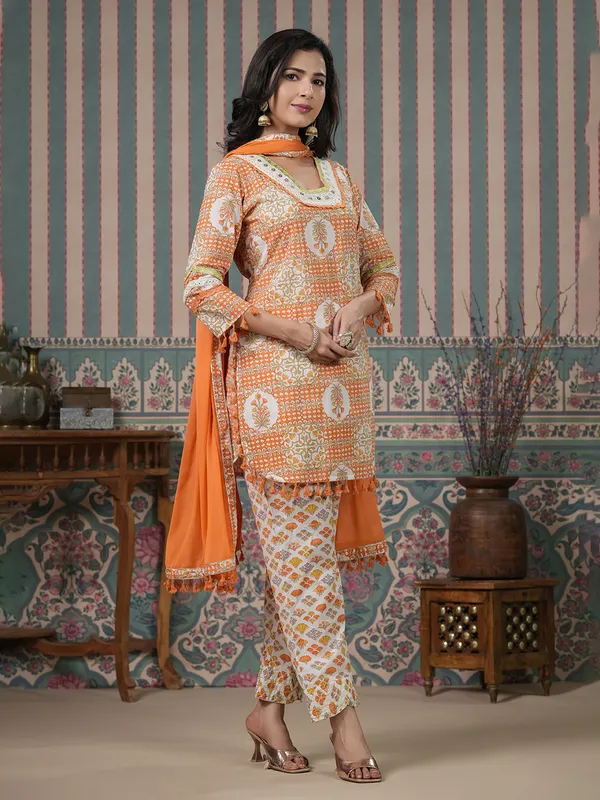 Orange and white cotton kurti set