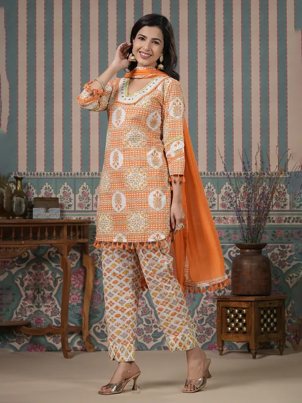 Orange and white cotton kurti set
