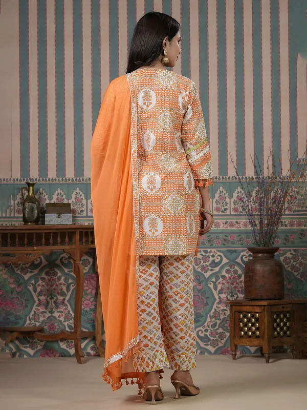 Orange and white cotton kurti set