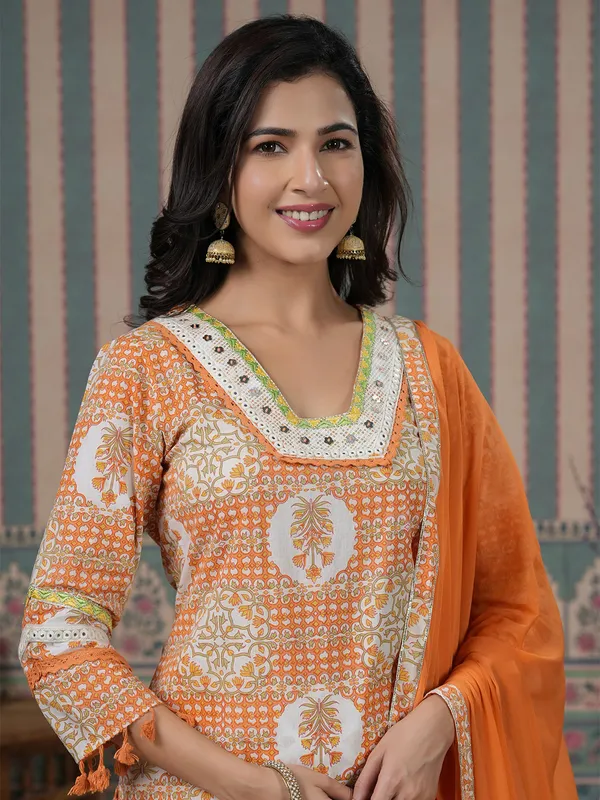 Orange and white cotton kurti set