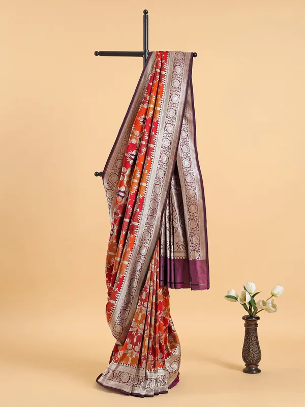 Orange banarasi silk saree with contrast border