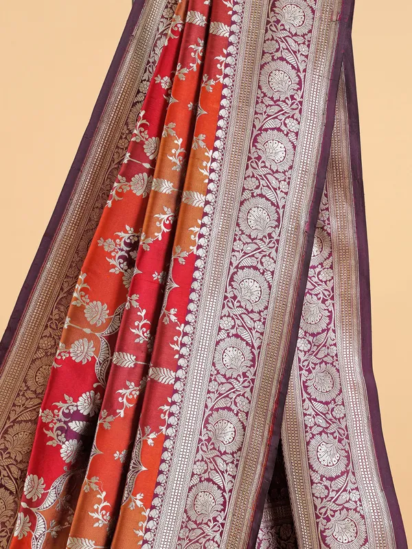 Orange banarasi silk saree with contrast border