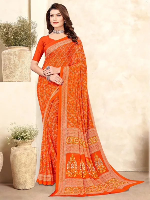 Orange bandhani printed chiffon saree