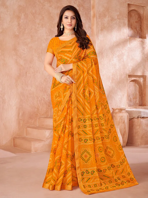 Orange bandhani printed chiffon saree for women