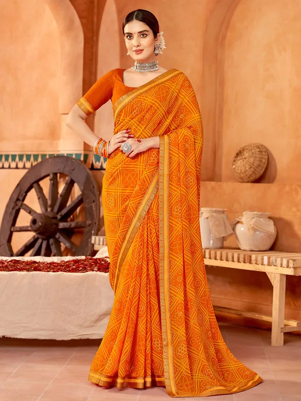 Orange bandhej printed saree