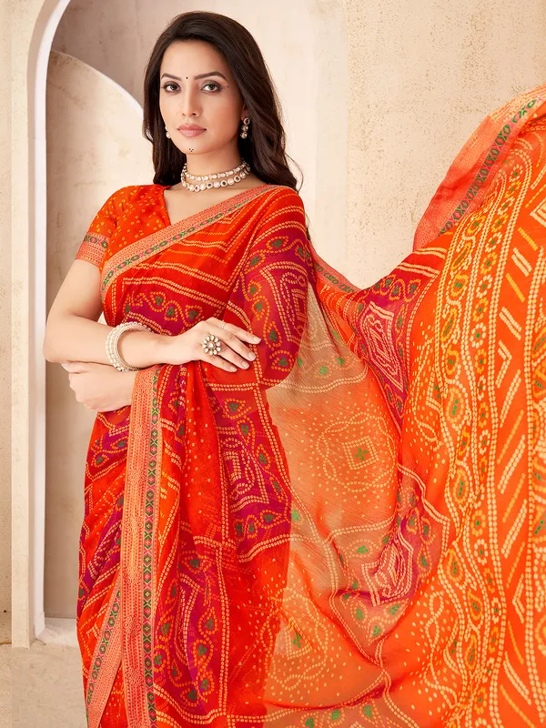 Orange bandhej printed saree in soft chiffon