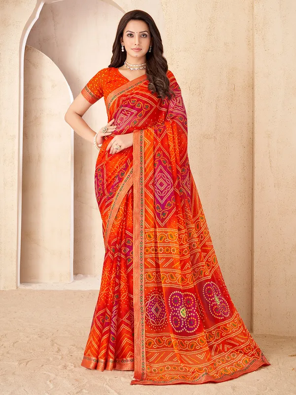 Orange bandhej printed saree in soft chiffon