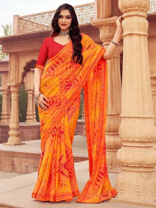 Orange casual printed chiffon saree