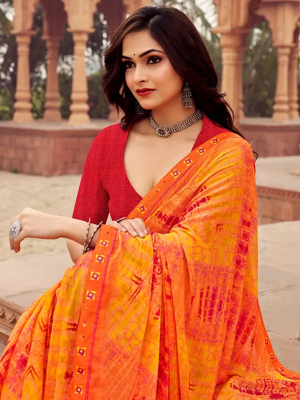 Orange casual printed chiffon saree