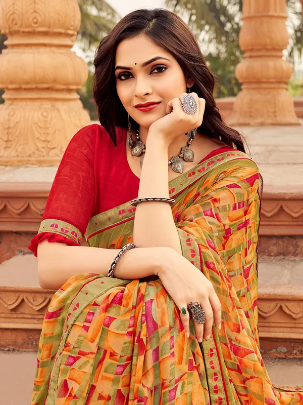 Orange chiffon saree with chic print