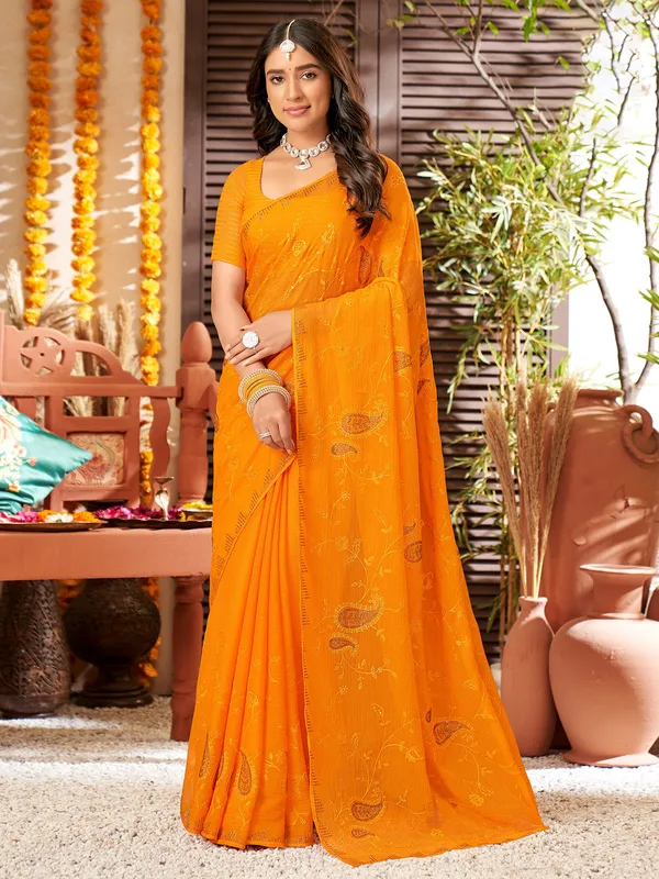 Orange chiffon saree with embroidery