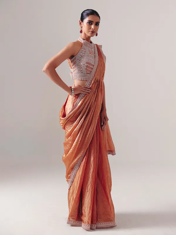 Orange chiffon silk ready to wear saree