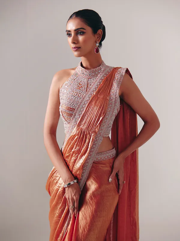 Orange chiffon silk ready to wear saree