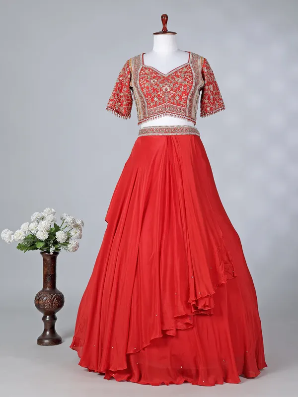 Orange chiffon silk sweetheart neck lehenga choli