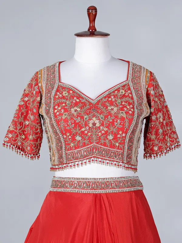 Orange chiffon silk sweetheart neck lehenga choli