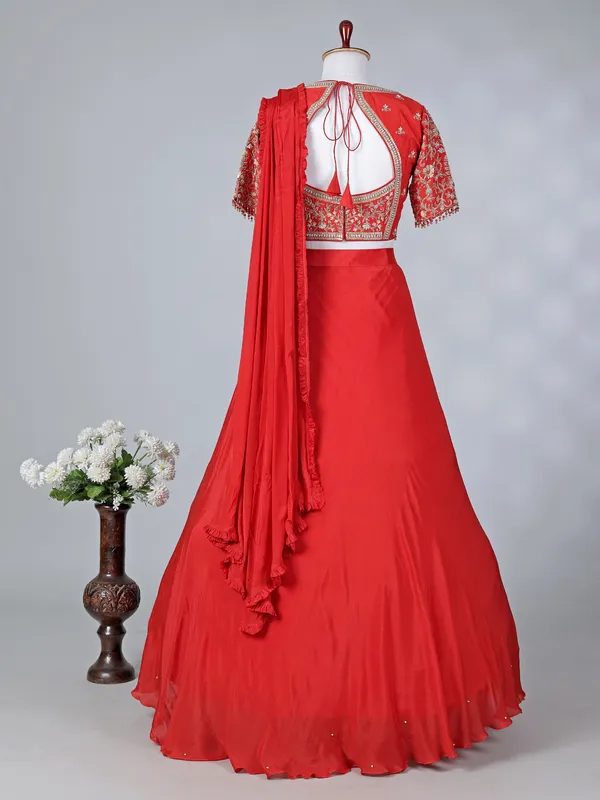 Orange chiffon silk sweetheart neck lehenga choli