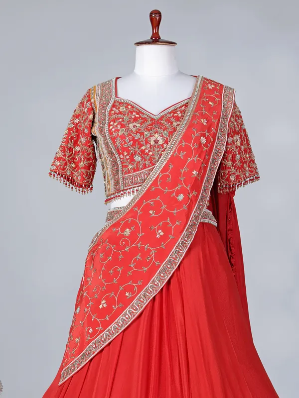 Orange chiffon silk sweetheart neck lehenga choli