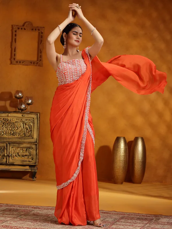 Orange chinon silk party wear saree