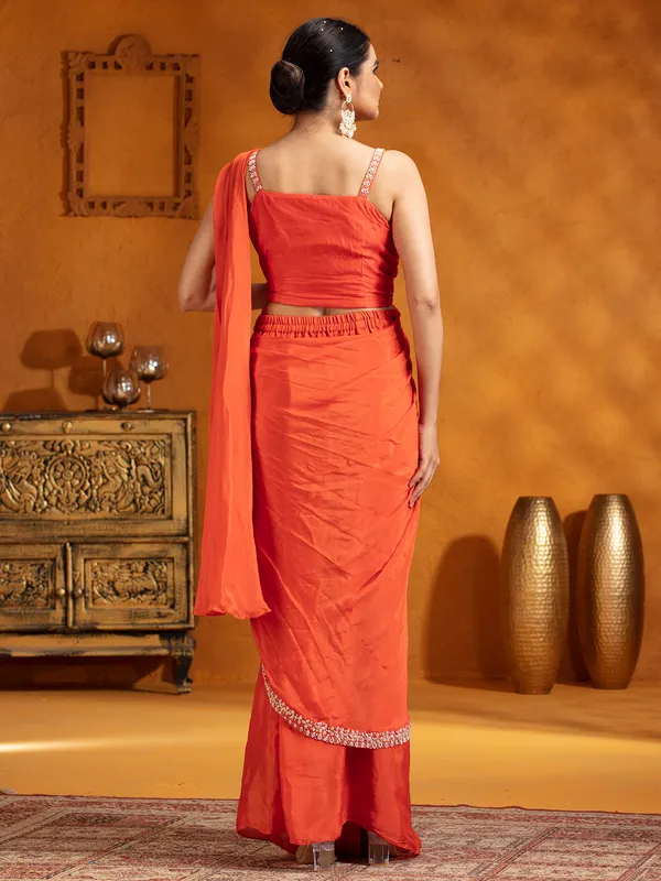 Orange chinon silk party wear saree
