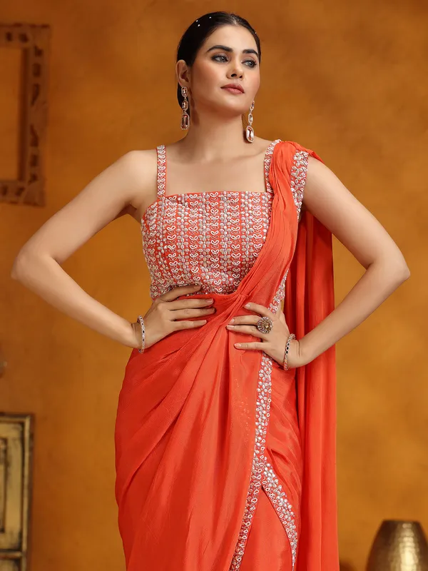 Orange chinon silk party wear saree