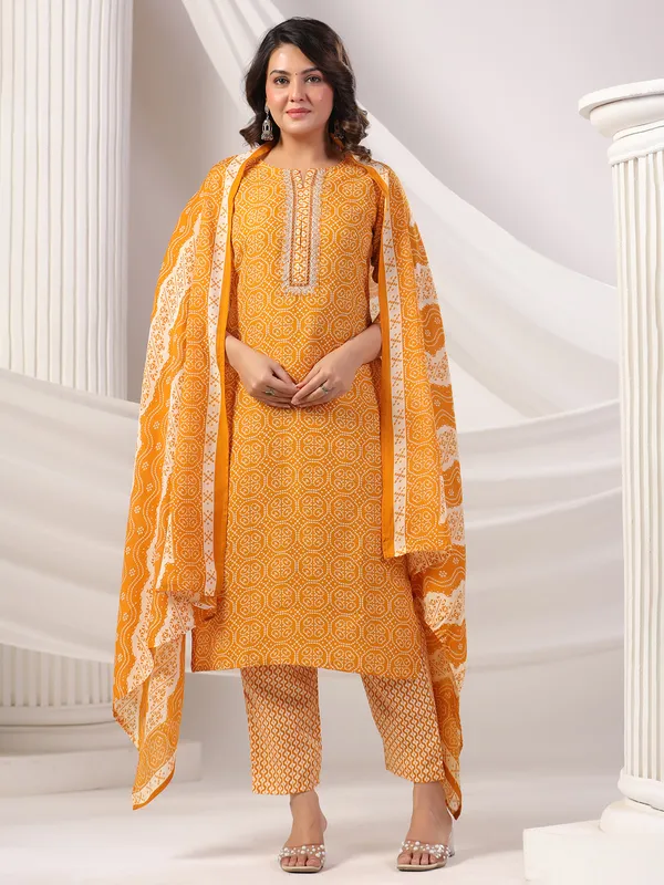 Orange color silk kurti set in printed