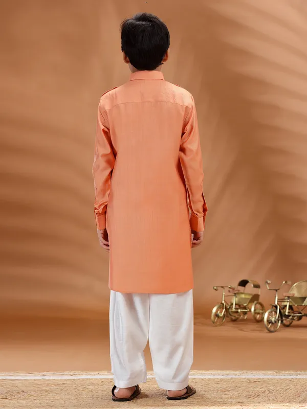 Peach cotton festive wear pathani kurta set