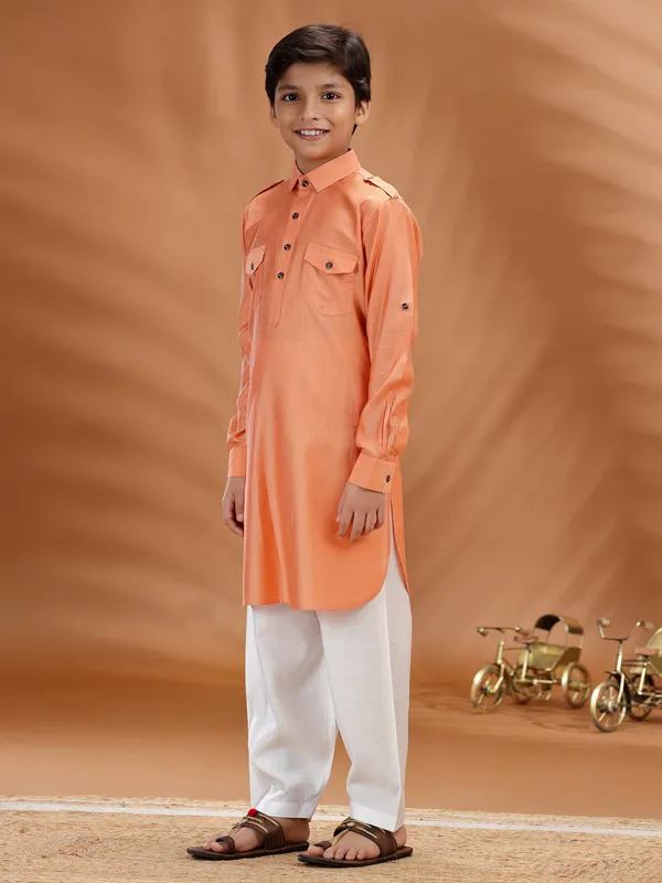 Peach cotton festive wear pathani kurta set
