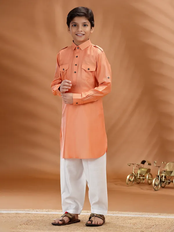 Peach cotton festive wear pathani kurta set